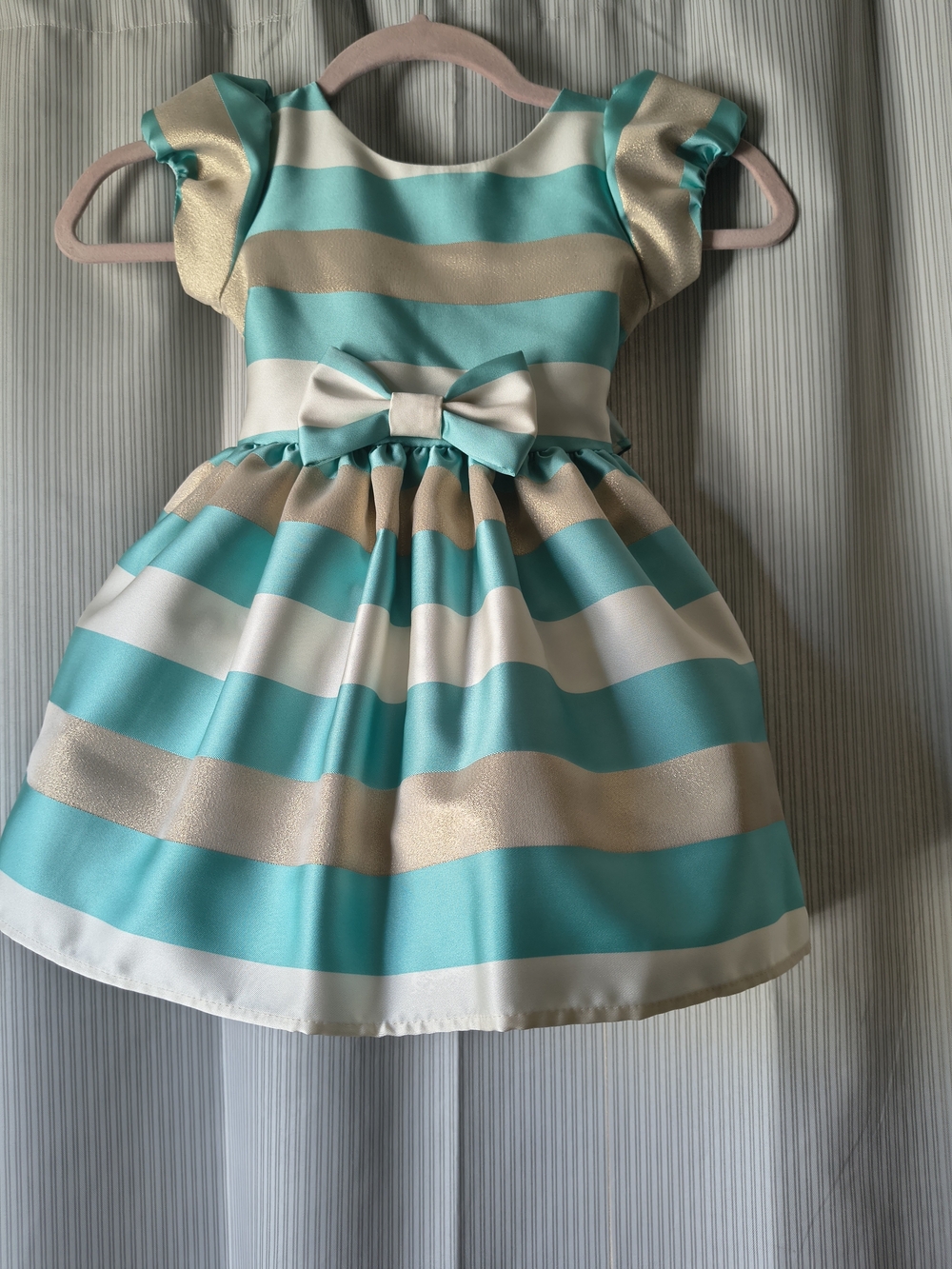 Girls Teal and Cream Striped Party Dress with Bow Size 3